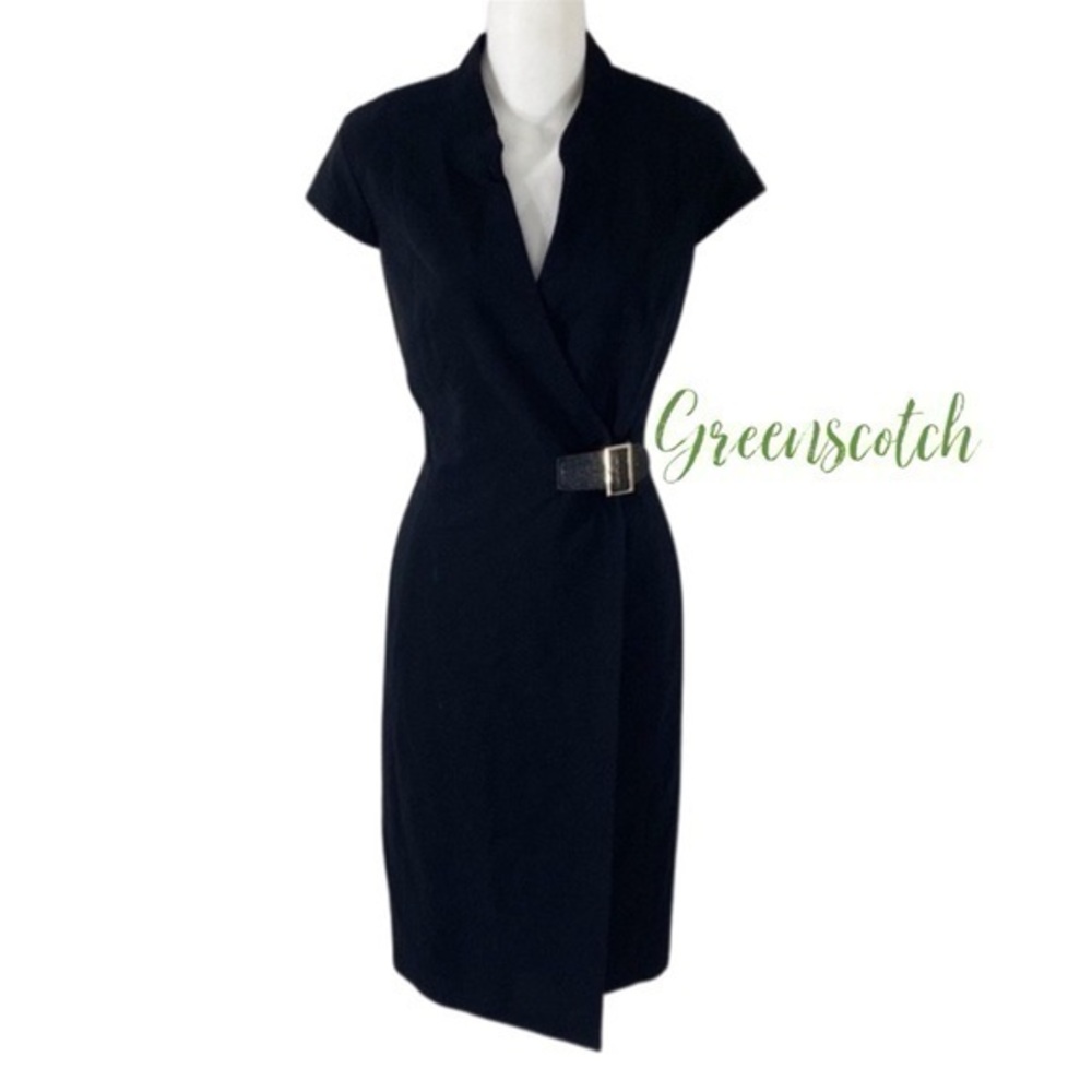 Calvin Klein black cap sleeve faux wrap dress 10 II13